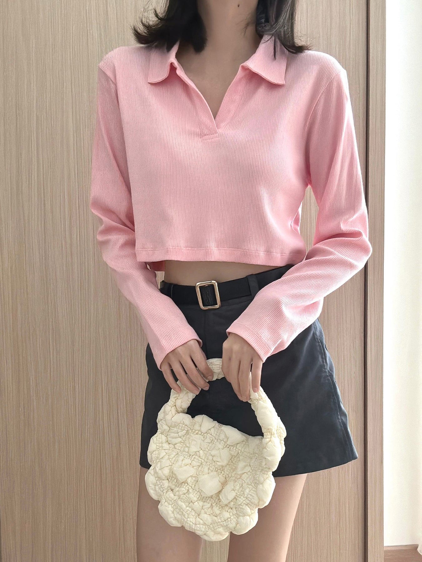 Kadaka T-0507 Crop Polo Shirt Cotton Knit Long Sleeves Wanita