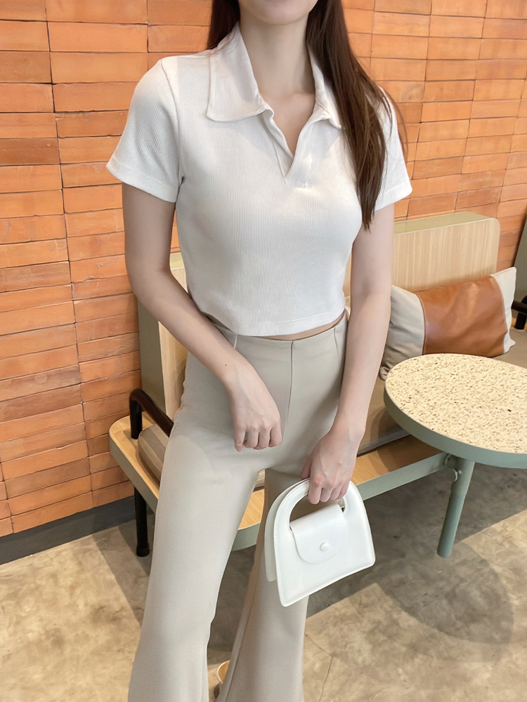 Kadaka T-0464 Crop Polo Shirt Wanita Korea Cotton Knit