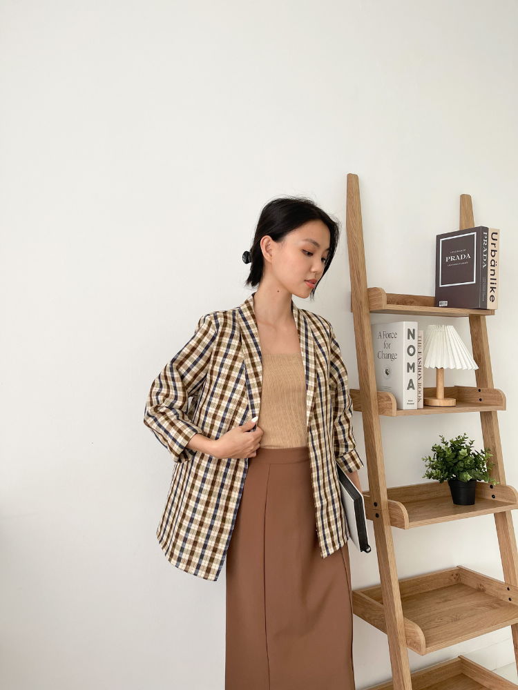 Kadaka O-0171 Plaid Tweed Blazer Korean Style