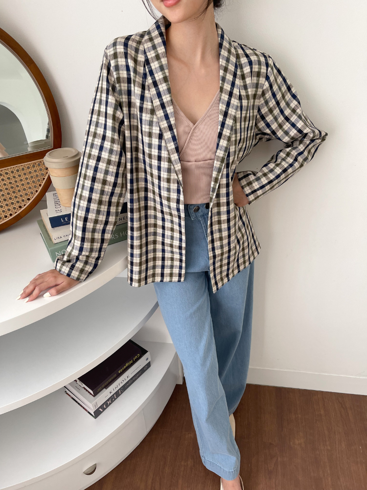 Kadaka O-0171 Plaid Tweed Blazer Korean Style