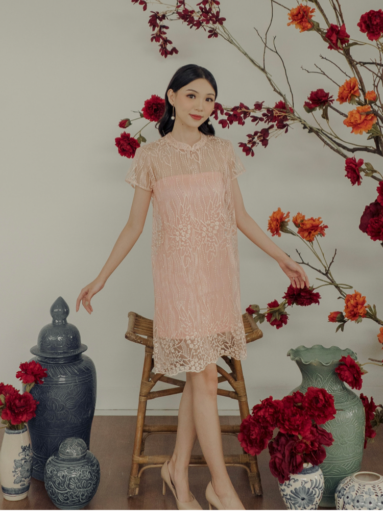 Kadaka D-0224 Loose Lace Party Dress Cheongsam With Inner Dress