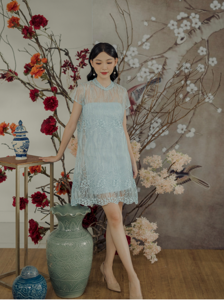 Kadaka D-0224 Loose Lace Party Dress Cheongsam With Inner Dress