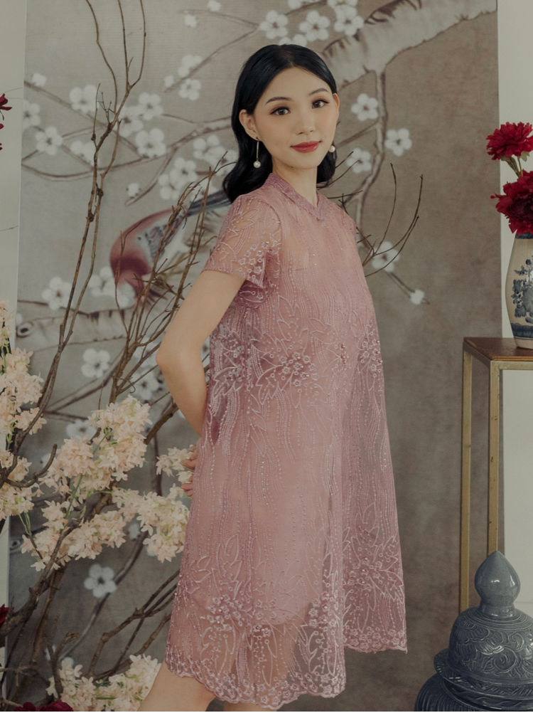 Kadaka D-0224 Loose Lace Party Dress Cheongsam With Inner Dress