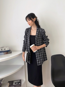 Kadaka O-0171 Plaid Tweed Blazer Korean Style