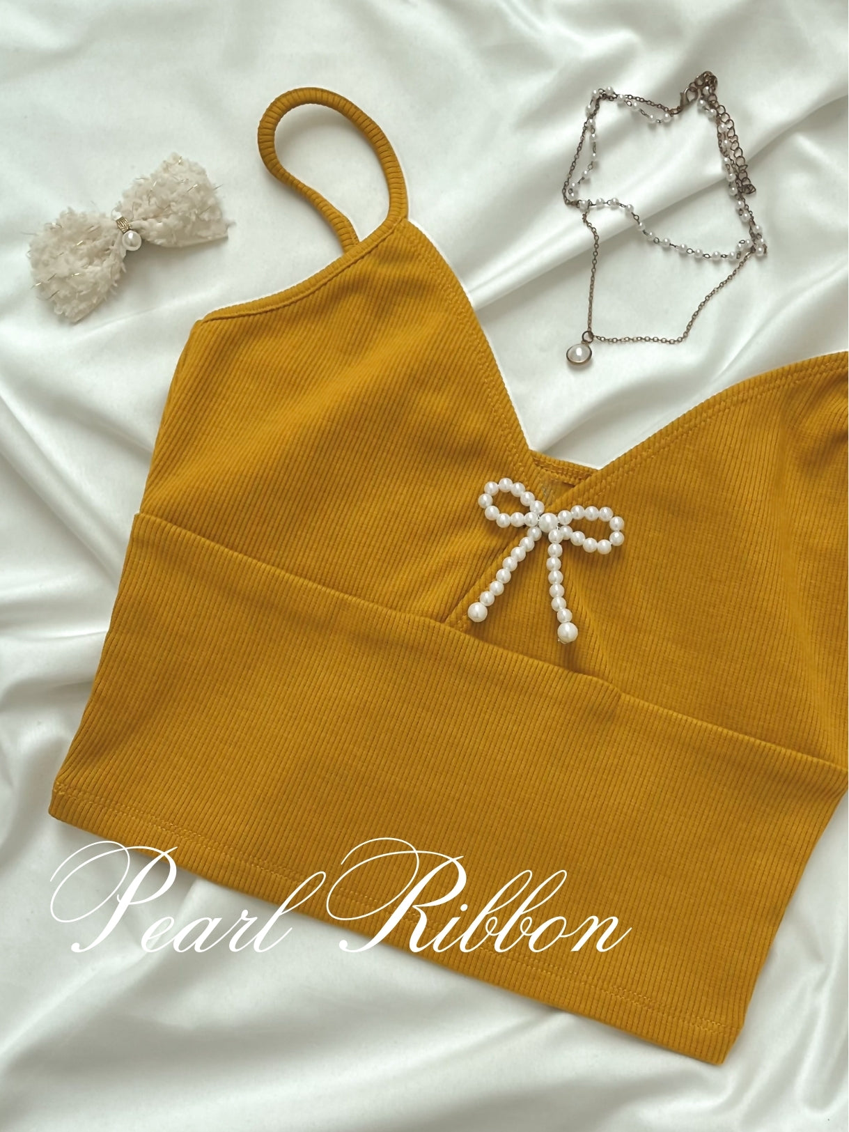 Kadaka T-0455 Tanktop Korea Rib Stretch Crop Atasan Wanita Tank Top with Pearl Ribbon Coquette