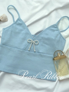 Kadaka T-0455 Tanktop Korea Rib Stretch Crop Atasan Wanita Tank Top with Pearl Ribbon Coquette