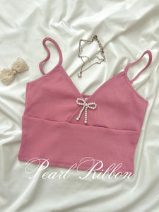 Kadaka T-0455 Tanktop Korea Rib Stretch Crop Atasan Wanita Tank Top with Pearl Ribbon Coquette