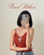 Load image into Gallery viewer, Kadaka T-0455 Tanktop Korea Rib Stretch Crop Atasan Wanita Tank Top with Pearl Ribbon Coquette
