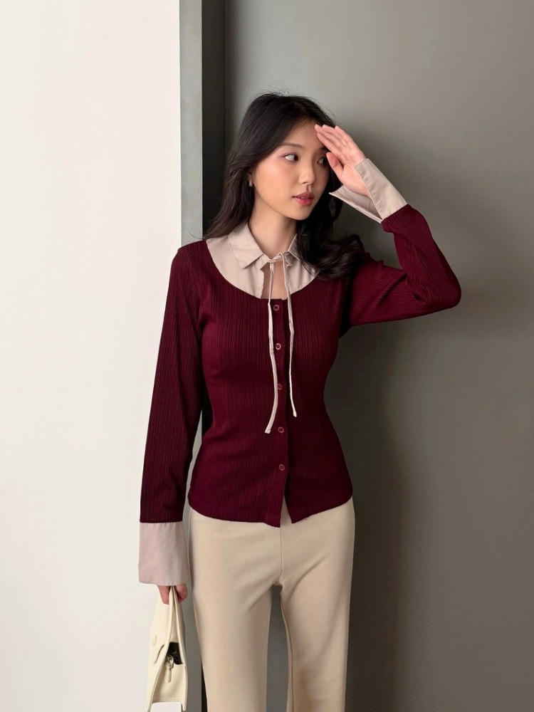 Kadaka T-0554 Long Sleeve Pleats Shirt Top with Collar Detail | Atasan Lengan Panjang Wanita
