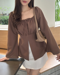 Kadaka T-0557 Long Sleeve Square Neck Scrunch Top | Atasan Wanita Off Shoulder