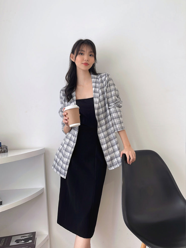 Kadaka O-0171 Plaid Tweed Blazer Korean Style