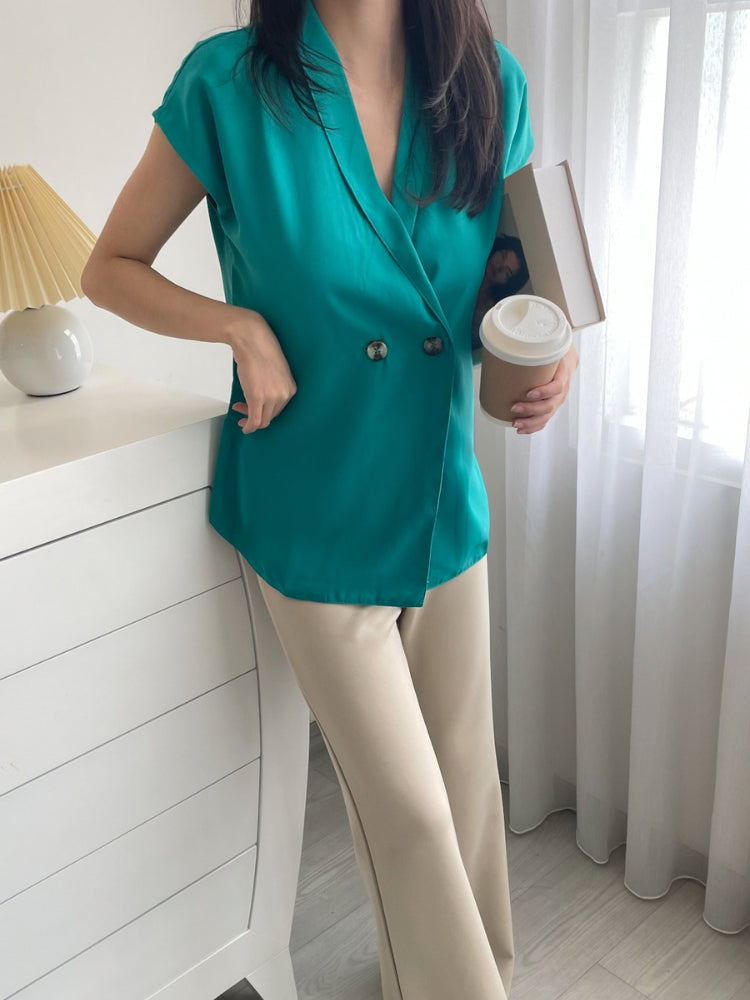 Kadaka T-0289 Top V Neck Blouse Wanita Detail Kancing