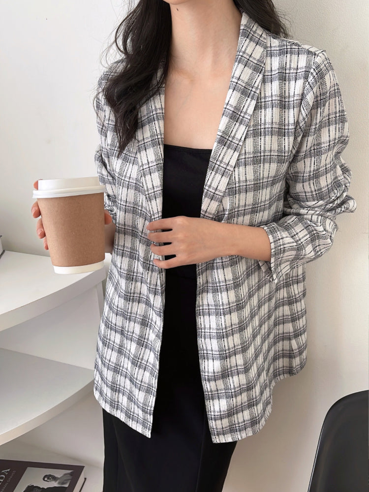 Kadaka O-0171 Plaid Tweed Blazer Korean Style