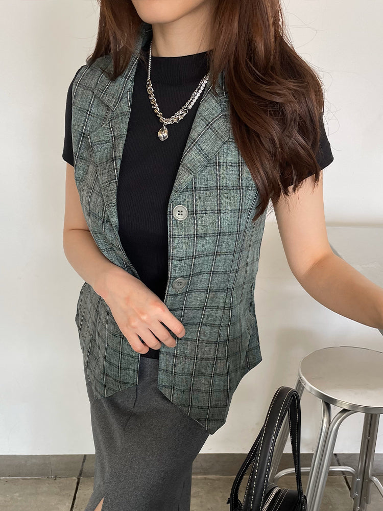 Kadaka T-0491 Vest Rompi Wanita Plaid Woven Tweed Korea