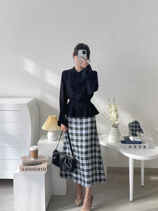 Kadaka B-0140 Skirt Tweed Midi Tartan Kotak-kotak Korea