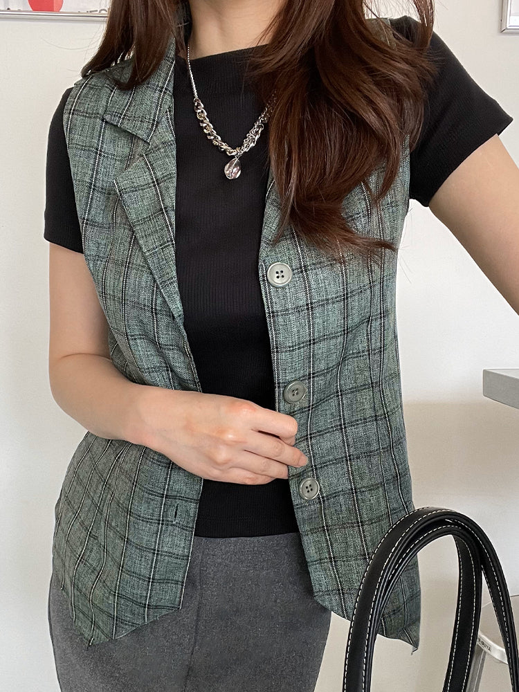 Kadaka T-0491 Vest Rompi Wanita Plaid Woven Tweed Korea