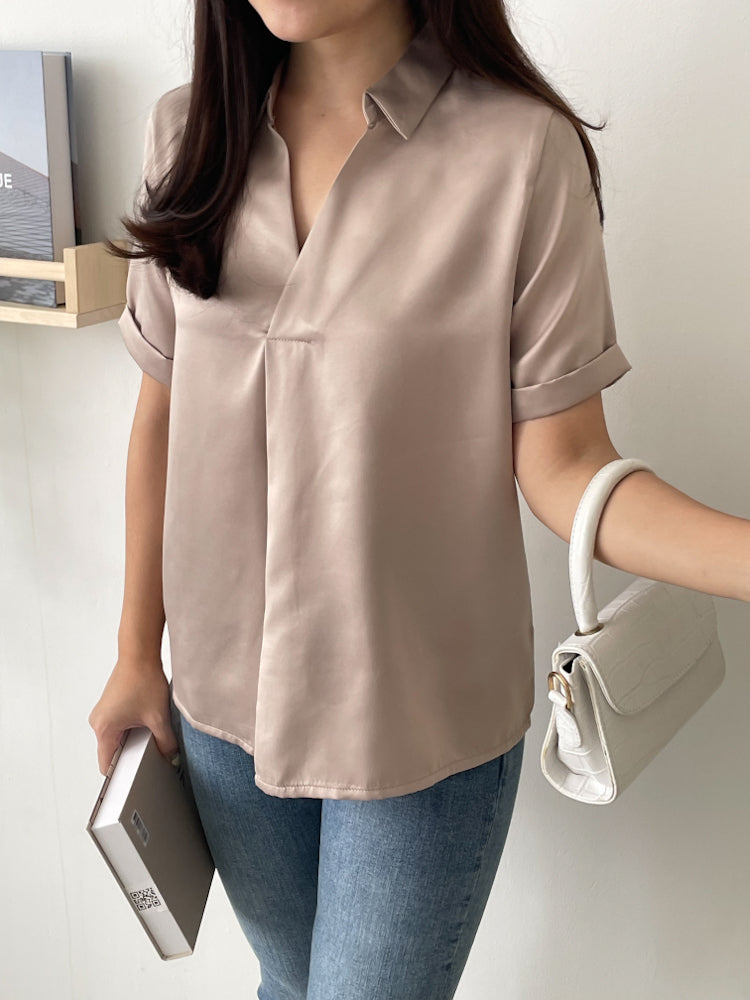 T-0456 Blouse Satin Premium Tangan Pendek Kerah Top Atasan Wanita