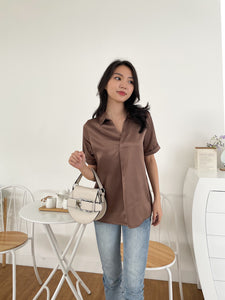 T-0456 Blouse Satin Premium Tangan Pendek Kerah Top Atasan Wanita