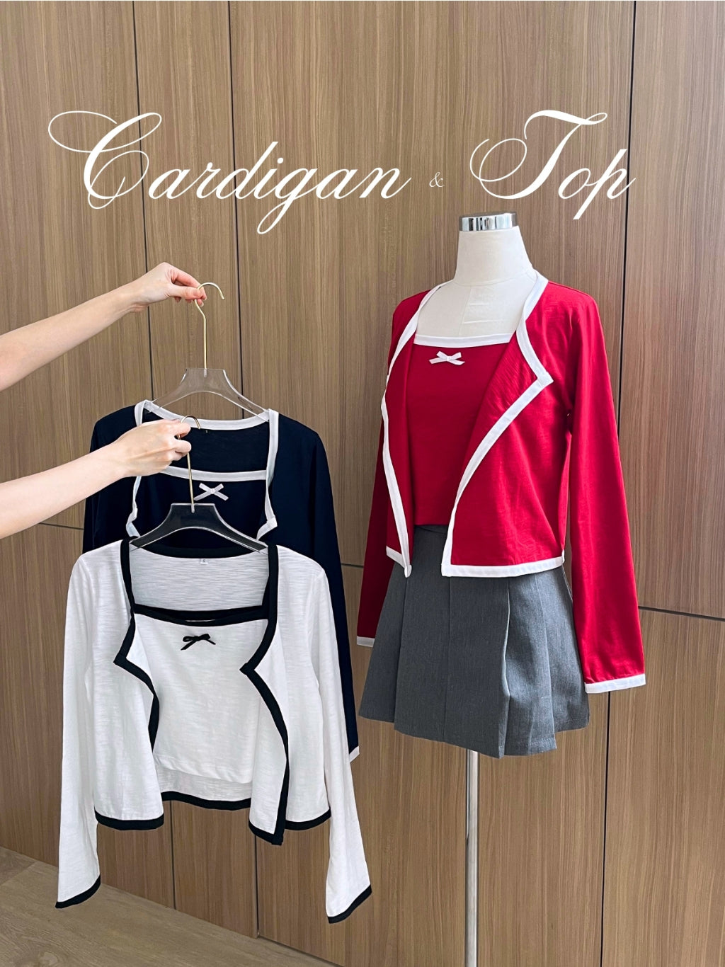 Kadaka T-0420 Tanktop Set with Cardigan Crop with Ribbon Coquette Style