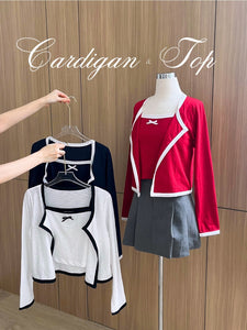 Kadaka T-0420 Tanktop Set with Cardigan Crop with Ribbon Coquette Style