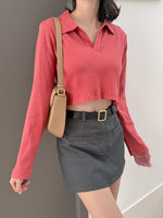 Load image into Gallery viewer, Kadaka T-0507 Crop Polo Shirt Cotton Knit Long Sleeves Wanita
