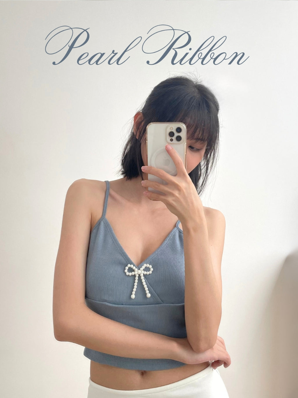 Kadaka T-0455 Tanktop Korea Rib Stretch Crop Atasan Wanita Tank Top with Pearl Ribbon Coquette