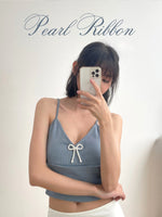 Load image into Gallery viewer, Kadaka T-0455 Tanktop Korea Rib Stretch Crop Atasan Wanita Tank Top with Pearl Ribbon Coquette
