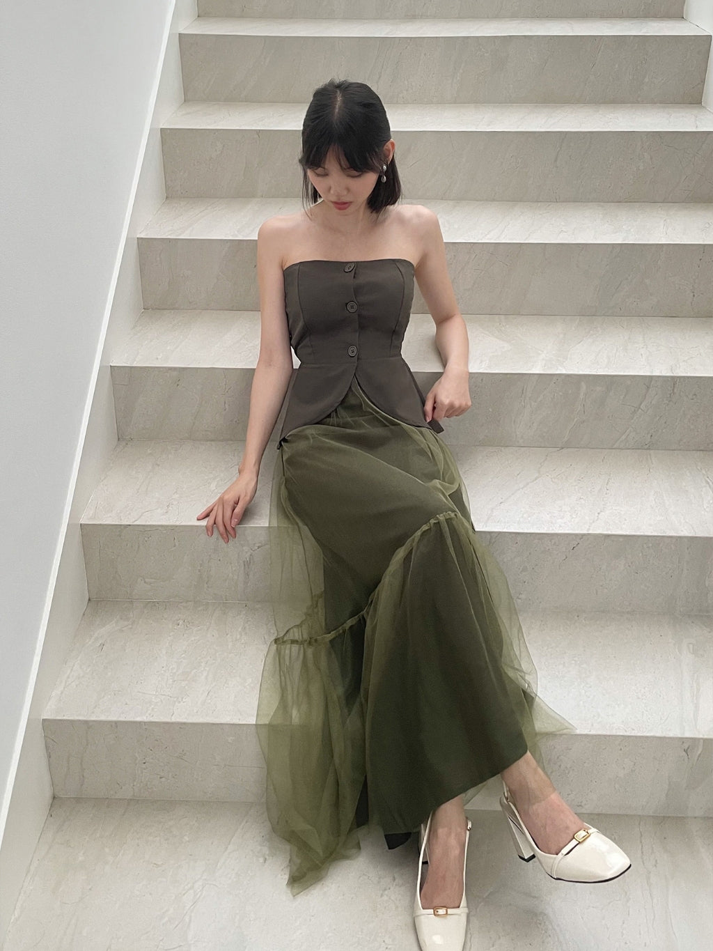 Kadaka S-0198 Set Peplum Tube Top with Tulle Maxi Skirt | Set Wanita Kemben dan Rok