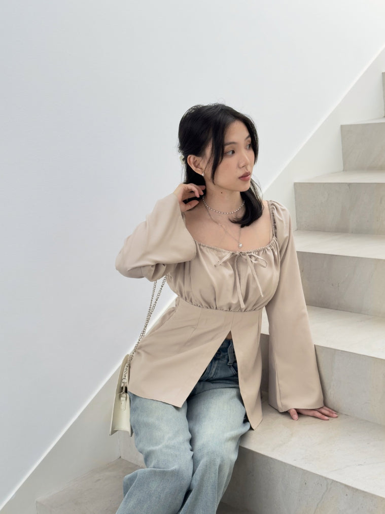 Kadaka T-0557 Long Sleeve Square Neck Scrunch Top | Atasan Wanita Off Shoulder