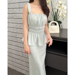 Kadaka T-0556 Sleeveless Square Neck Peplum Scrunch Top | Atasan Wanita Airflow Linen