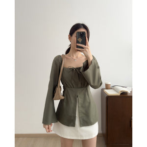 Kadaka T-0557 Long Sleeve Square Neck Scrunch Top | Atasan Wanita Off Shoulder
