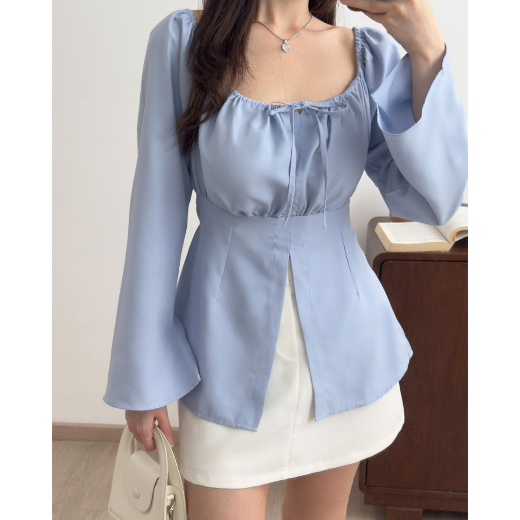 Kadaka T-0557 Long Sleeve Square Neck Scrunch Top | Atasan Wanita Off Shoulder