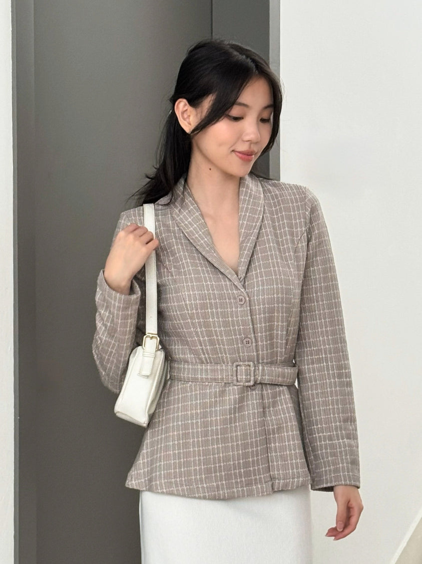 Kadaka O-0214 Tweed Outer Blazer with Belt | Luaran Blazer Wanita Lengan Panjang