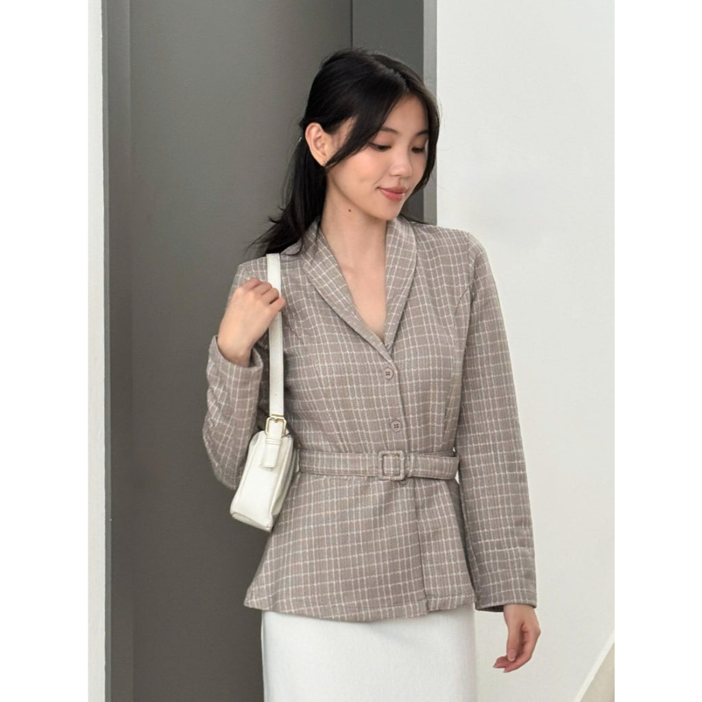 Kadaka O-0214 Tweed Outer Blazer with Belt | Luaran Blazer Wanita Lengan Panjang
