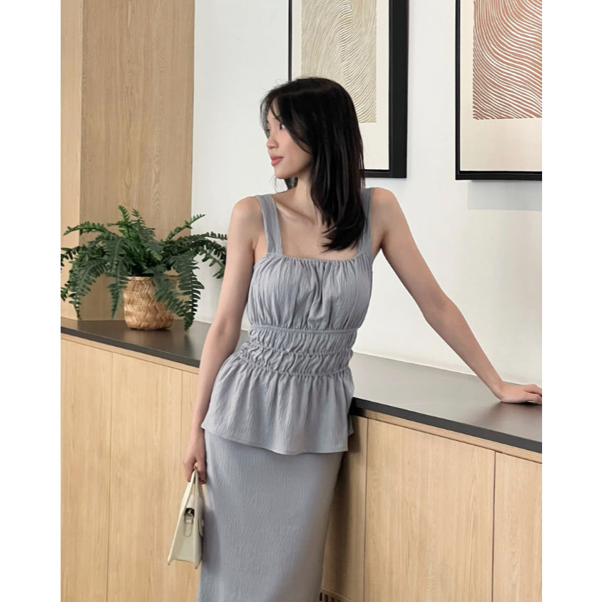 Kadaka T-0556 Sleeveless Square Neck Peplum Scrunch Top | Atasan Wanita Airflow Linen