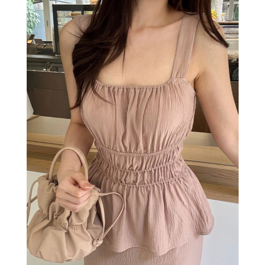 Kadaka T-0556 Sleeveless Square Neck Peplum Scrunch Top | Atasan Wanita Airflow Linen