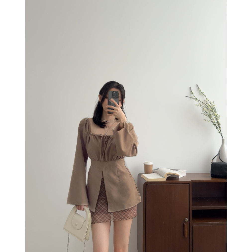 Kadaka T-0557 Long Sleeve Square Neck Scrunch Top | Atasan Wanita Off Shoulder