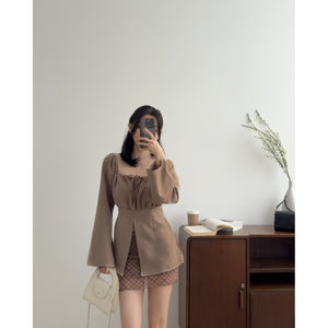 Kadaka T-0557 Long Sleeve Square Neck Scrunch Top | Atasan Wanita Off Shoulder