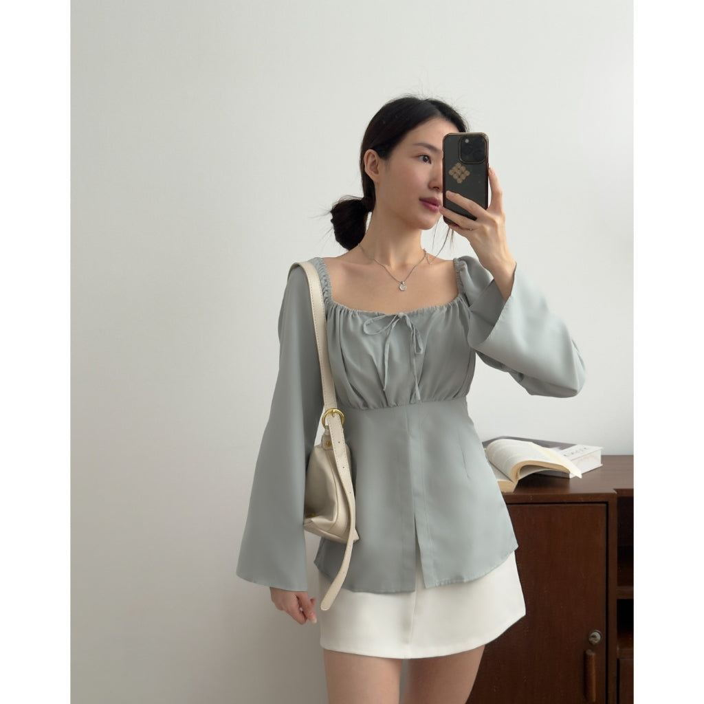 Kadaka T-0557 Long Sleeve Square Neck Scrunch Top | Atasan Wanita Off Shoulder