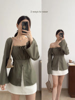Muat gambar ke penampil Galeri, Kadaka T-0557 Long Sleeve Square Neck Scrunch Top | Atasan Wanita Off Shoulder
