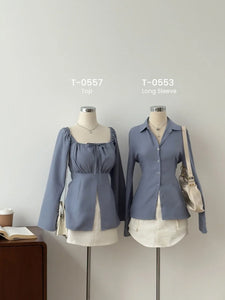 Kadaka T-0557 Long Sleeve Square Neck Scrunch Top | Atasan Wanita Off Shoulder