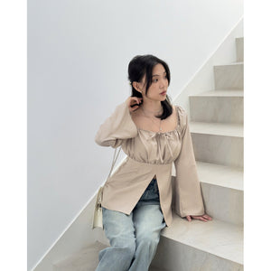 Kadaka T-0557 Long Sleeve Square Neck Scrunch Top | Atasan Wanita Off Shoulder