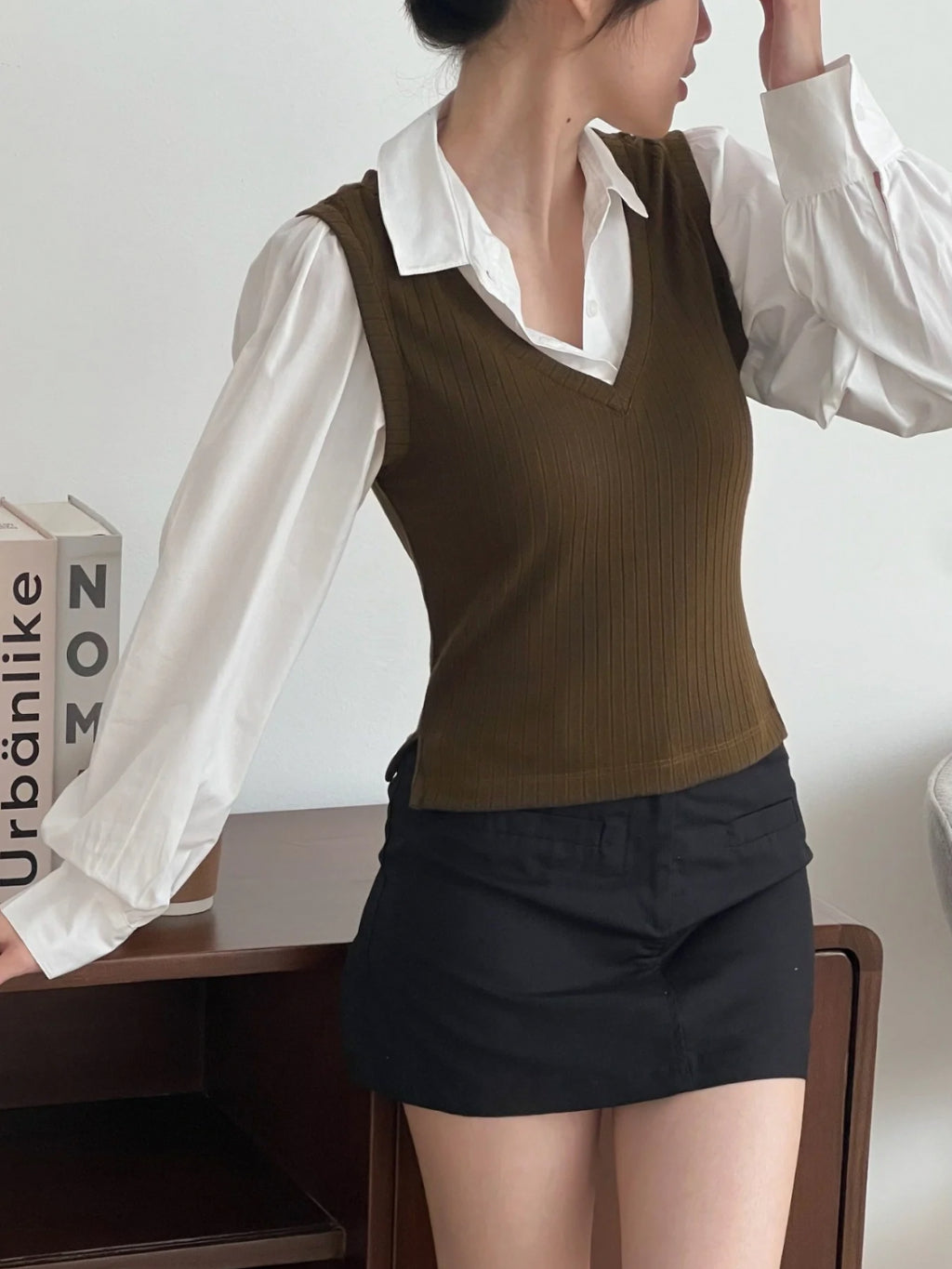 Kadaka T-0550 Long Sleeve Collar Vest Top Puffy Sleeves | Atasan Lengan Panjang Wanita